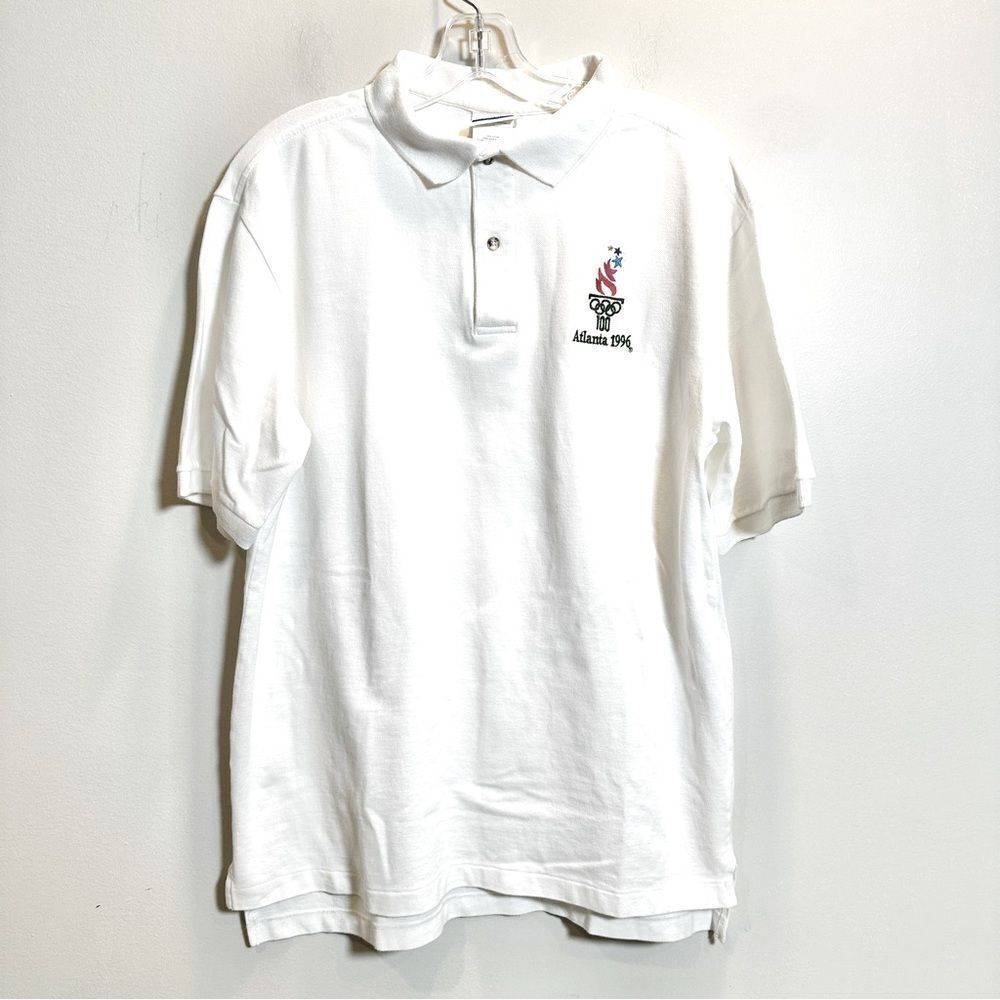 Vintage 1996 Atlanta Olympic White Polo Shirt Men's L 100% Cotton Embroidered‎